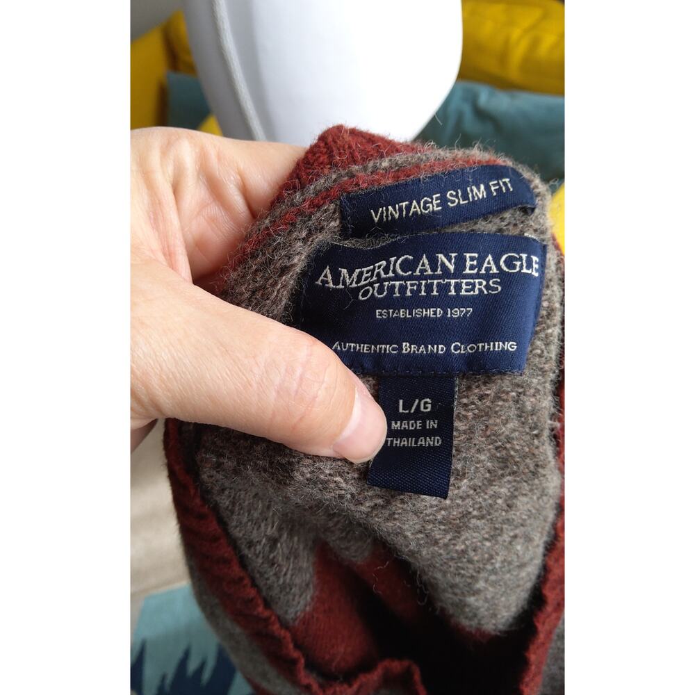 Y2K American Eagle striped preppy sweater sz L maroon gry wool blend  slim - Picture 7 of 9
